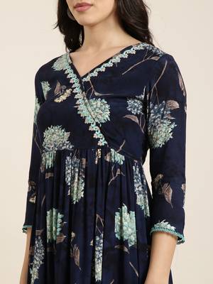 women's v-neck floral foil print navy blue anarkali kurta and trouser with dupatta 5