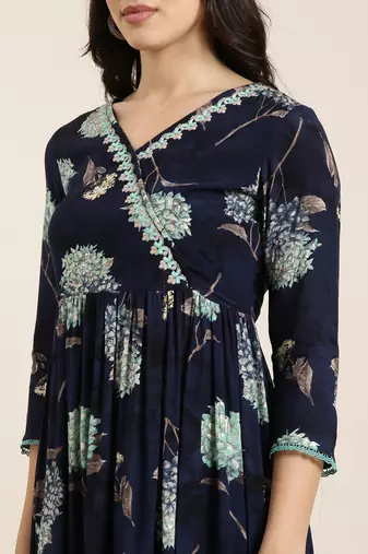 women's v-neck floral foil print navy blue anarkali kurta and trouser with dupatta
