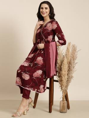 women's v-neck floral foil print maroon anarkali kurta and trouser with dupatta 1