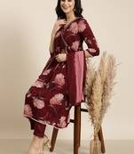 women's v-neck floral foil print maroon anarkali kurta and trouser with dupatta