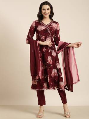 women's v-neck floral foil print maroon anarkali kurta and trouser with dupatta 2