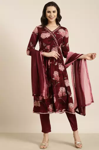 women's v-neck floral foil print maroon anarkali kurta and trouser with dupatta