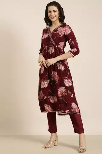 women's v-neck floral foil print maroon anarkali kurta and trouser with dupatta