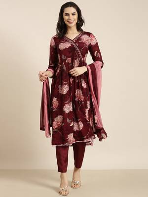 women's v-neck floral foil print maroon anarkali kurta and trouser with dupatta 4