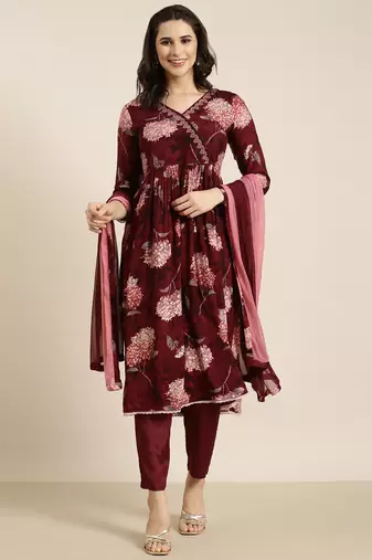 women's v-neck floral foil print maroon anarkali kurta and trouser with dupatta