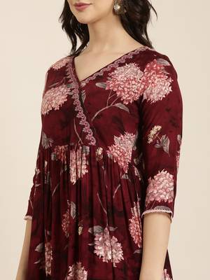 women's v-neck floral foil print maroon anarkali kurta and trouser with dupatta 5
