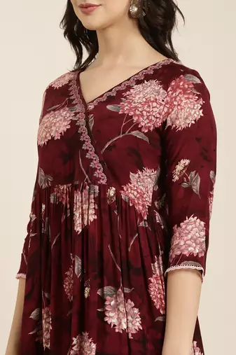 women's v-neck floral foil print maroon anarkali kurta and trouser with dupatta
