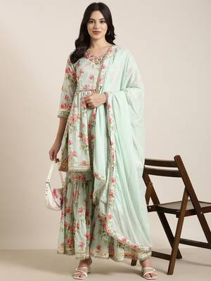women's v-neck floral sea green anarkali kurti and sharara with dupatta 1