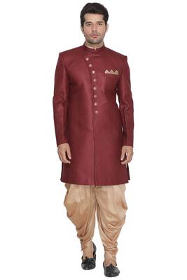 Maroon Polyester Lurex Blend Sherwani Set 1