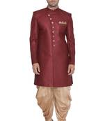 Maroon Polyester Lurex Blend Sherwani Set