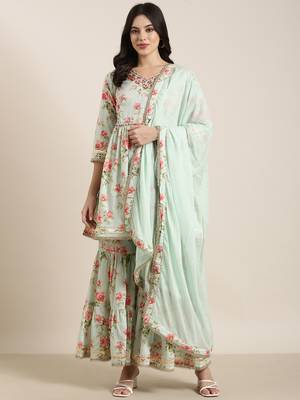 women's v-neck floral sea green anarkali kurti and sharara with dupatta 2