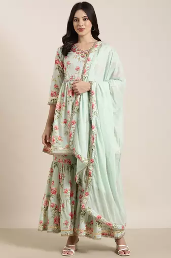 women's v-neck floral sea green anarkali kurti and sharara with dupatta