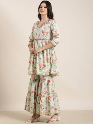 women's v-neck floral sea green anarkali kurti and sharara with dupatta 3