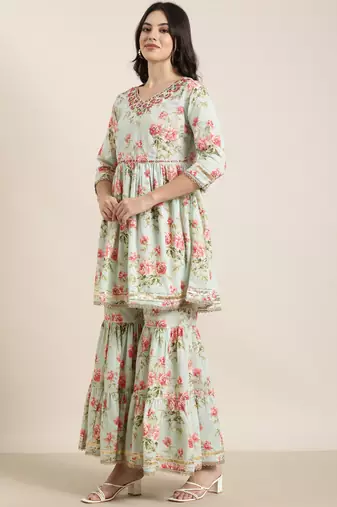 women's v-neck floral sea green anarkali kurti and sharara with dupatta