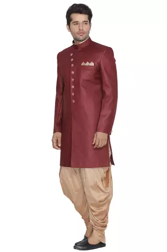 Maroon Polyester Lurex Blend Sherwani Set