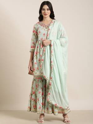 women's v-neck floral sea green anarkali kurti and sharara with dupatta 4