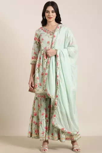 women's v-neck floral sea green anarkali kurti and sharara with dupatta