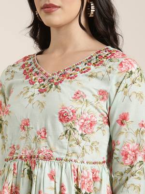 women's v-neck floral sea green anarkali kurti and sharara with dupatta 5