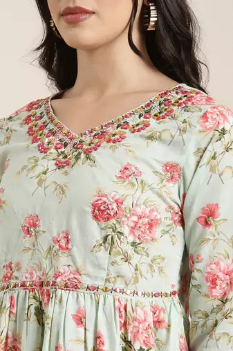 women's v-neck floral sea green anarkali kurti and sharara with dupatta