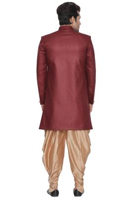 Maroon Polyester Lurex Blend Sherwani Set 4