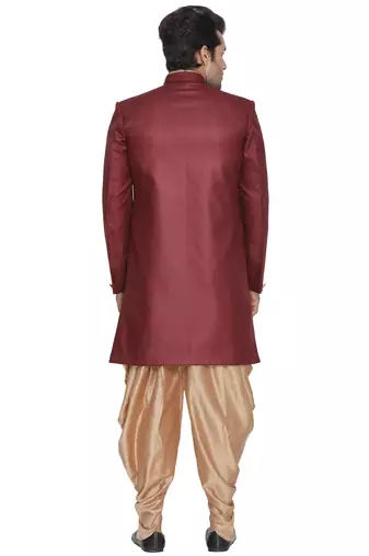 Maroon Polyester Lurex Blend Sherwani Set
