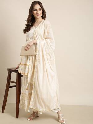women's sweetheart neck floral foil print cream a-line kurti and sharara with dupatta 1