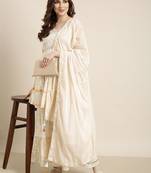 women's sweetheart neck floral foil print cream a-line kurti and sharara with dupatta
