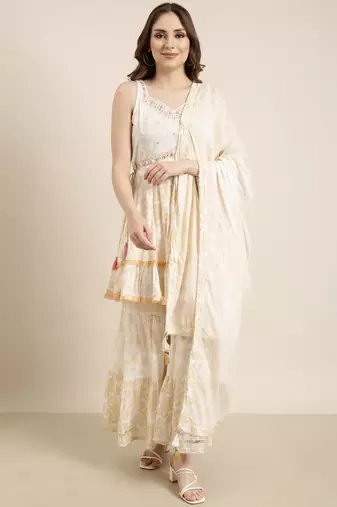 women's sweetheart neck floral foil print cream a-line kurti and sharara with dupatta