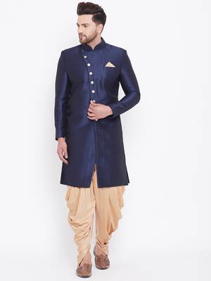 Navy Blue And Rose Gold Silk Blend Sherwani Set 1
