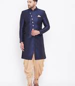 Navy Blue And Rose Gold Silk Blend Sherwani Set
