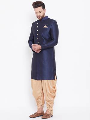 Navy Blue And Rose Gold Silk Blend Sherwani Set 2