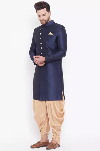Navy Blue And Rose Gold Silk Blend Sherwani Set