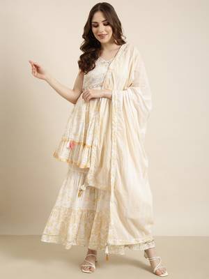 women's sweetheart neck floral foil print cream a-line kurti and sharara with dupatta 4