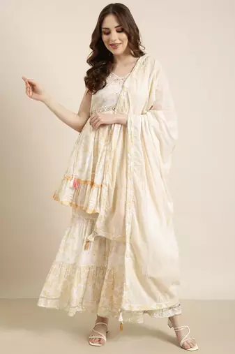 women's sweetheart neck floral foil print cream a-line kurti and sharara with dupatta