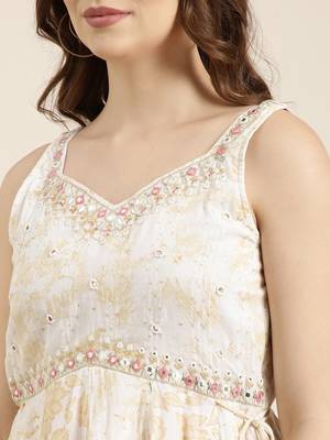 women's sweetheart neck floral foil print cream a-line kurti and sharara with dupatta 5