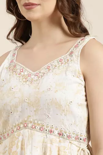 women's sweetheart neck floral foil print cream a-line kurti and sharara with dupatta