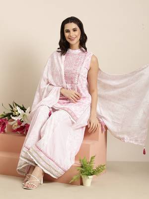 women's mandarin collar floral foil print pink straight kurti and palazzos with dupatta 1