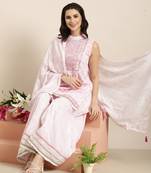 women's mandarin collar floral foil print pink straight kurti and palazzos with dupatta