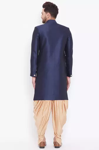Navy Blue And Rose Gold Silk Blend Sherwani Set