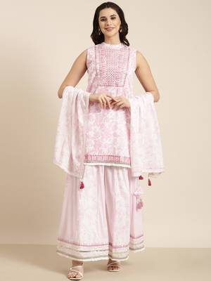 women's mandarin collar floral foil print pink straight kurti and palazzos with dupatta 2