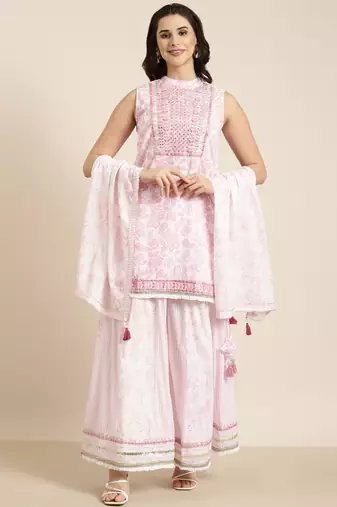 women's mandarin collar floral foil print pink straight kurti and palazzos with dupatta