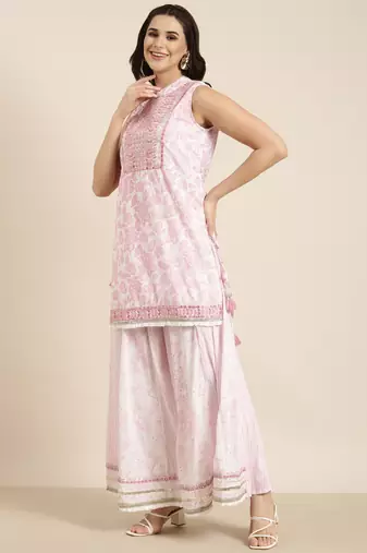 women's mandarin collar floral foil print pink straight kurti and palazzos with dupatta