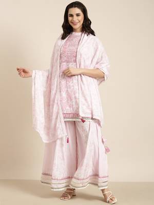 women's mandarin collar floral foil print pink straight kurti and palazzos with dupatta 4