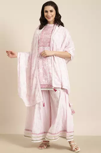 women's mandarin collar floral foil print pink straight kurti and palazzos with dupatta