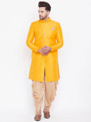 Mustard And Rose Gold Silk Blend Sherwani Set 1