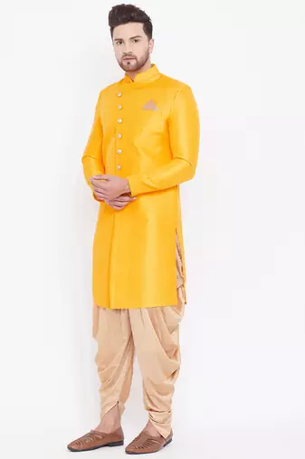 Mustard And Rose Gold Silk Blend Sherwani Set