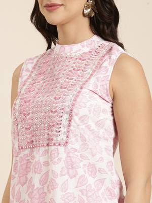 women's mandarin collar floral foil print pink straight kurti and palazzos with dupatta 5