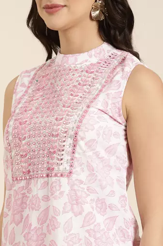 women's mandarin collar floral foil print pink straight kurti and palazzos with dupatta