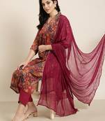 women's v-neck floral foil print maroon straight kurta and trouser with dupatta
