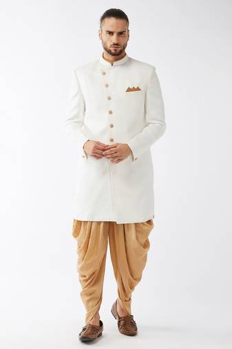Men'S White And Rose Gold Polyester Lurex Blend Sherwani Set